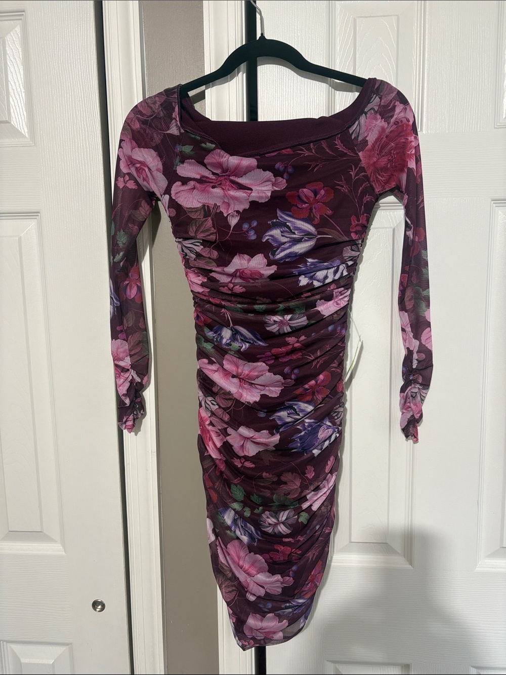 Anthropologie Burgundy Floral Ruched Long-Sleeve Dress